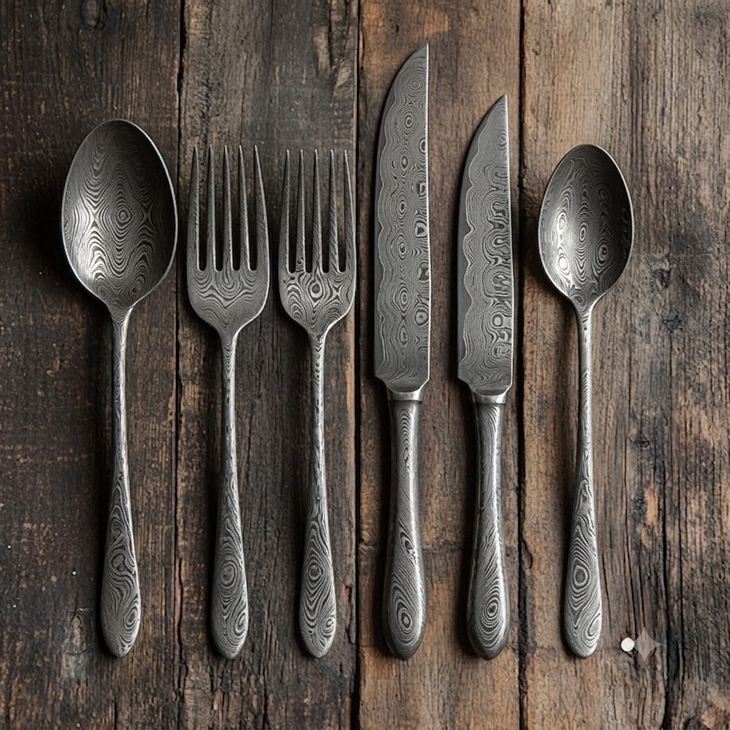 Artisan Full-Forged Damascus Steel Cutlery Set Rustic Medieval Flatware (6-Piece)