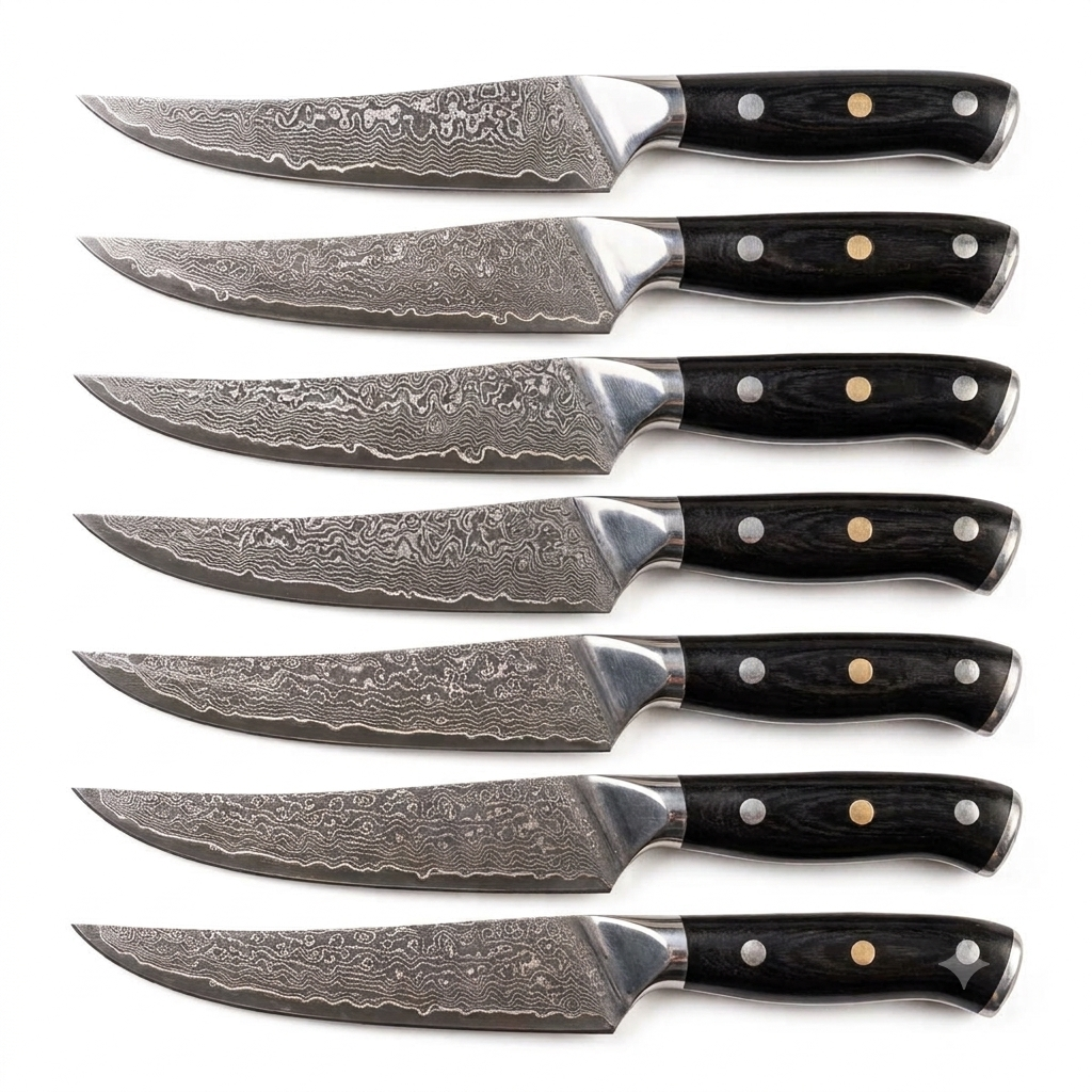 Zave Cutlery Premium 7-Piece Damascus Steel Steak Knife Set Black Micarta Handles