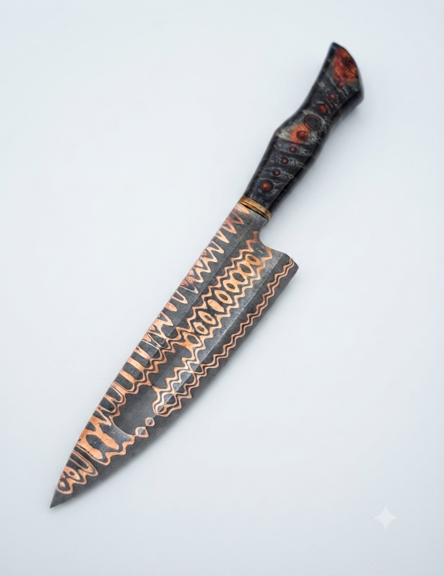 Artisan Copper Damascus Chef Knife Premium Hybrid Handle with Lava Texture Finish