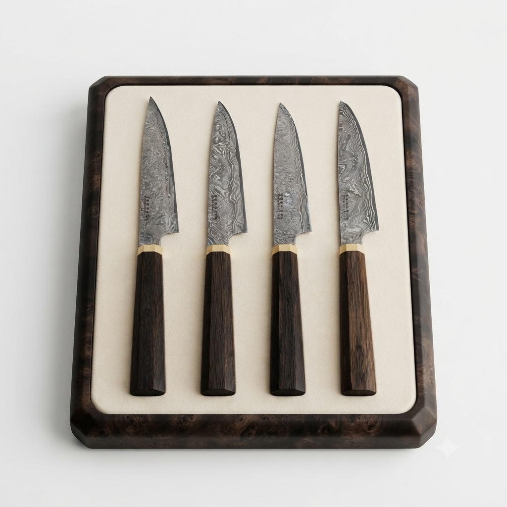 The Obsidian Series 4-Piece Professional Culinary Knife Set | Artisan Forged Damascus Steel & Dark Wood Handle