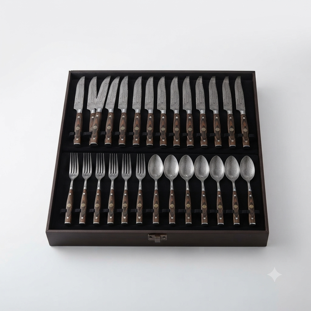 20-Piece Premium Damascus Steel Dining Collection with Luxury Wooden Handles
