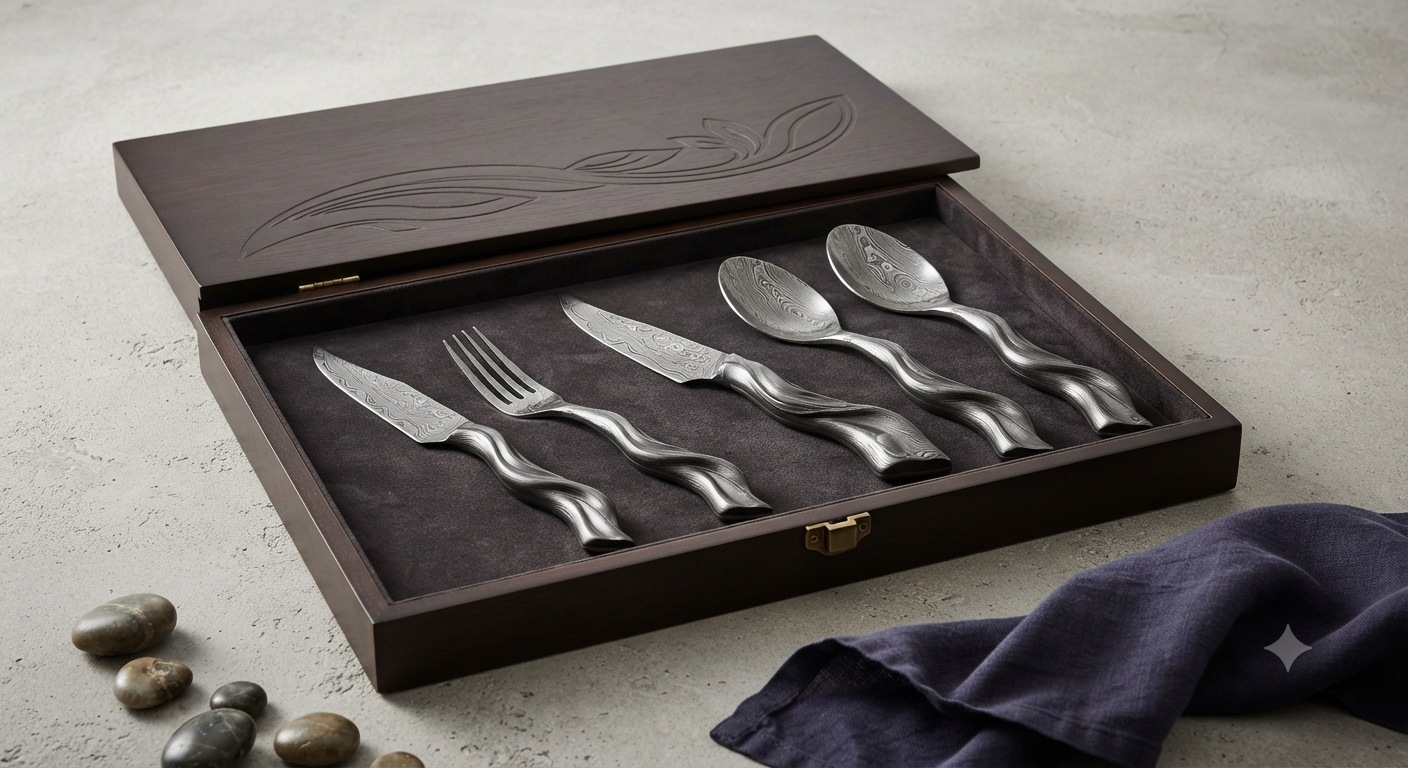 The Flow Collection: Sculptural Damascus Steel Dining Set | Artisan-Forged Organic Contour Cutlery