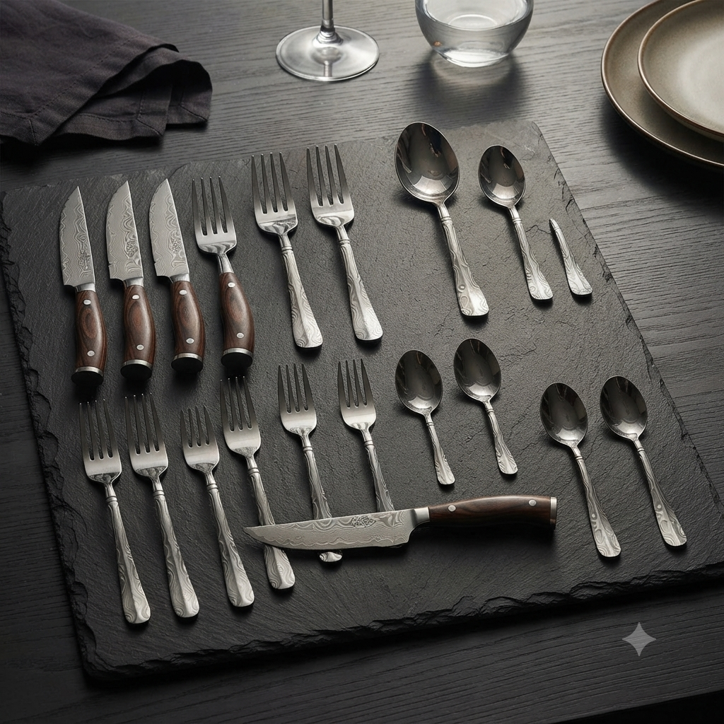 20-Piece Premium Damascus Style Stainless Steel Flatware Set Elegant Wood Handle Cutlery for Modern Dining
