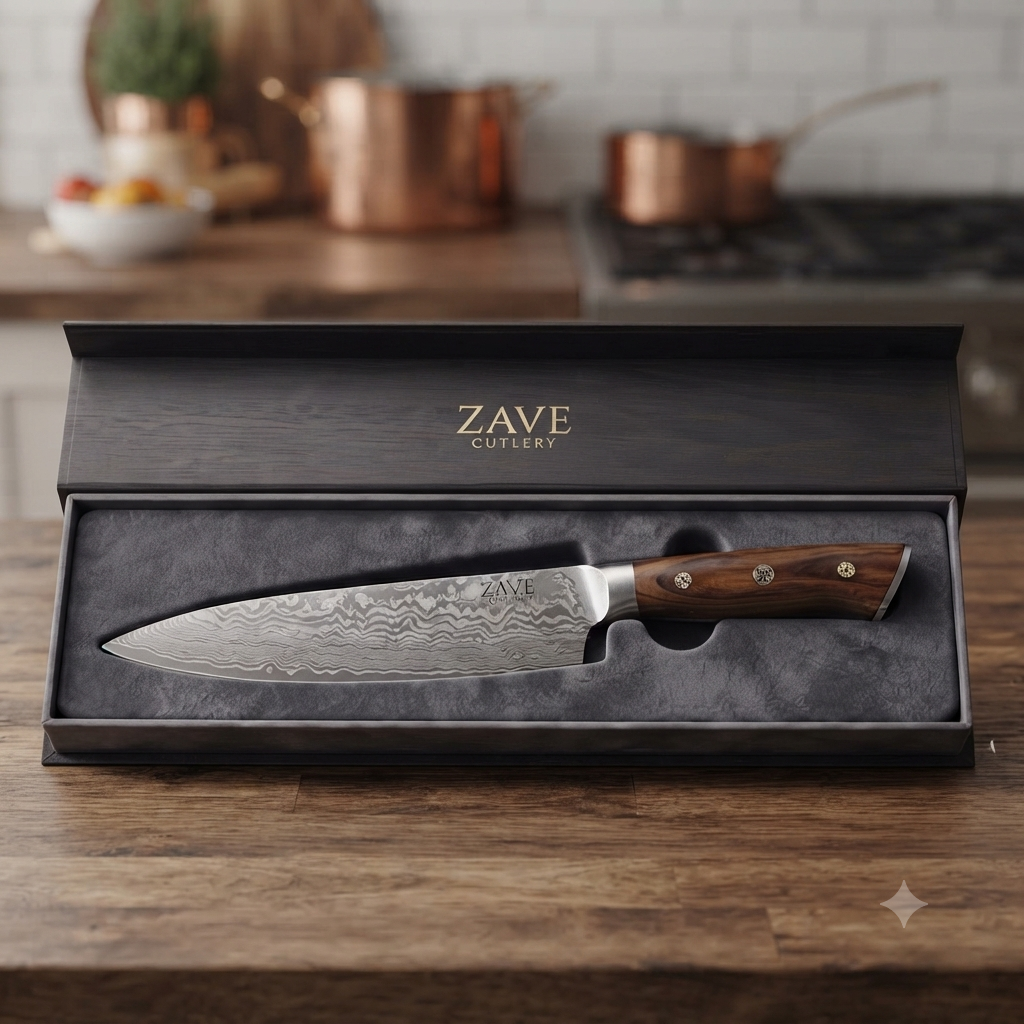 Zave Cutlery Premium Damascus Chef Knife with Wooden Presentation Box