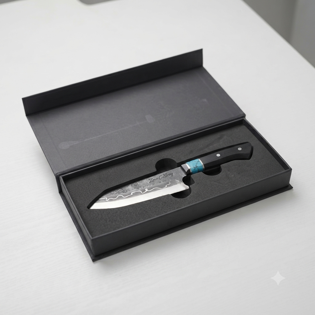 Handcrafted Damascus Steel Santoku Knife with Turquoise Handle & Presentation Box | Zave Cutlery