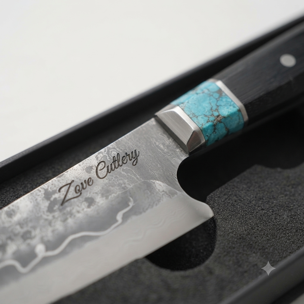 Handcrafted Damascus Steel Santoku Knife with Turquoise Handle & Presentation Box | Zave Cutlery