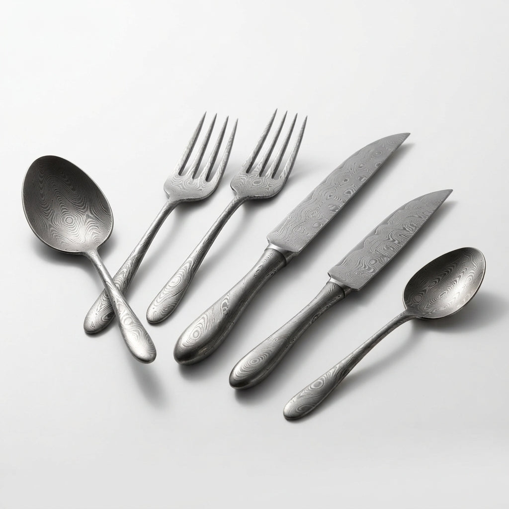Zave Cutlery Premium Hand-Forged Patterned Steel Dining and Tableware Set