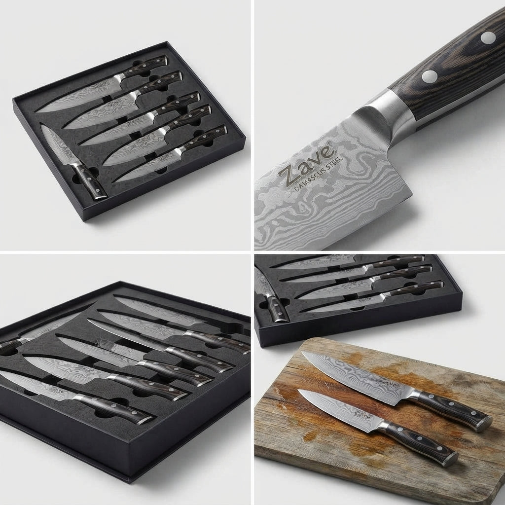 Zave Cutlery Premium 6-Piece Stainless Steel Kitchen Knife Set with Ergonomic Wooden Handles & Storage Box