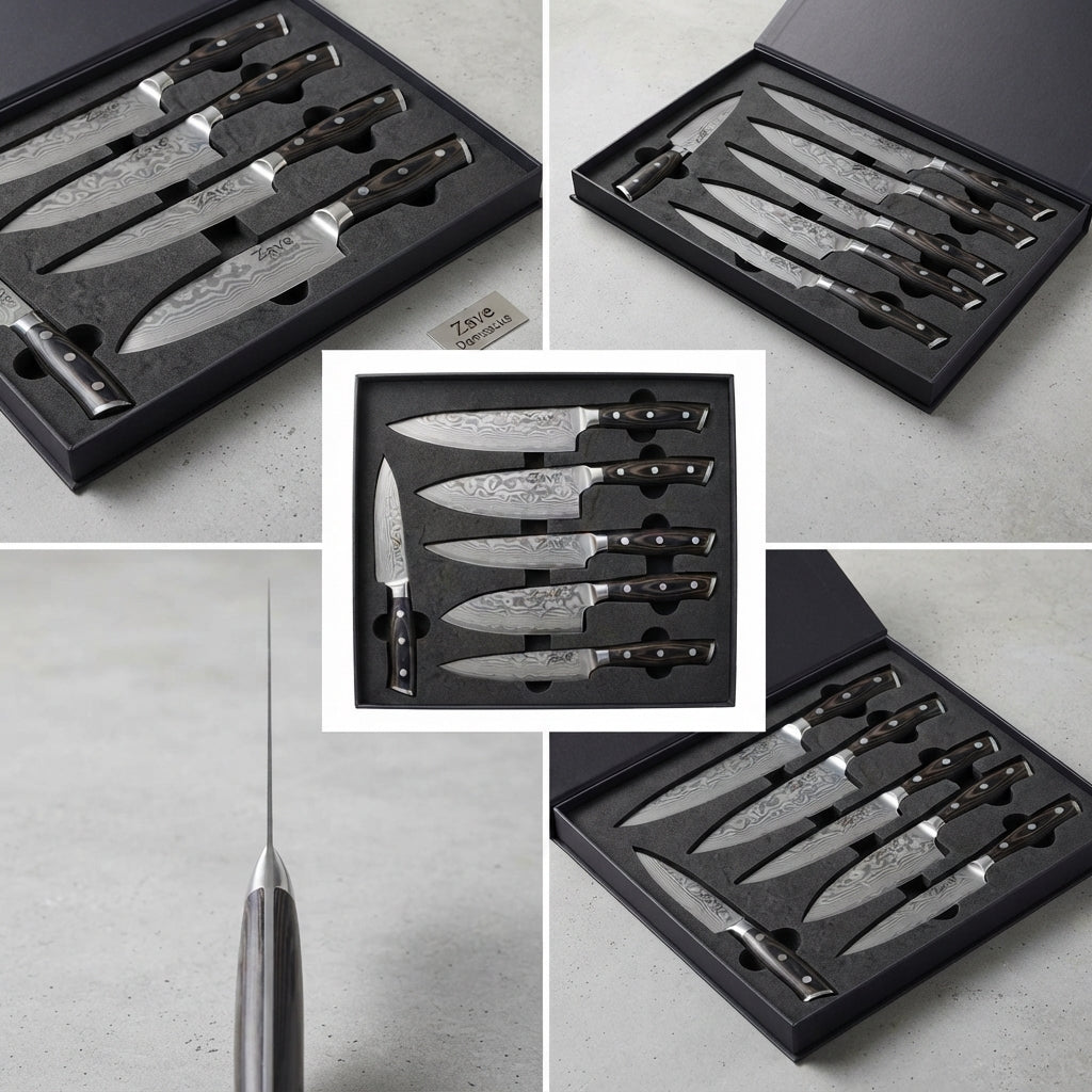 Zave Cutlery Premium 6-Piece Stainless Steel Kitchen Knife Set with Ergonomic Wooden Handles & Storage Box