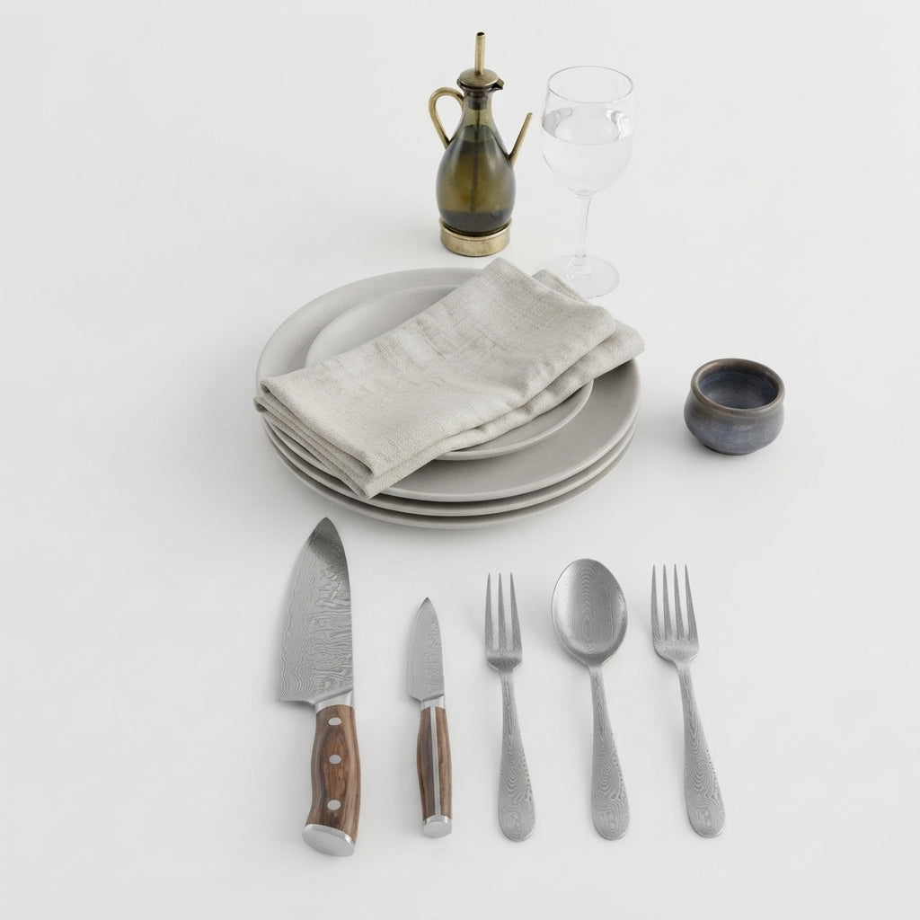 Zave Cutlery Premium Stainless Steel Chef Knife and Dining Flatware Set with Ergonomic Wooden Handles