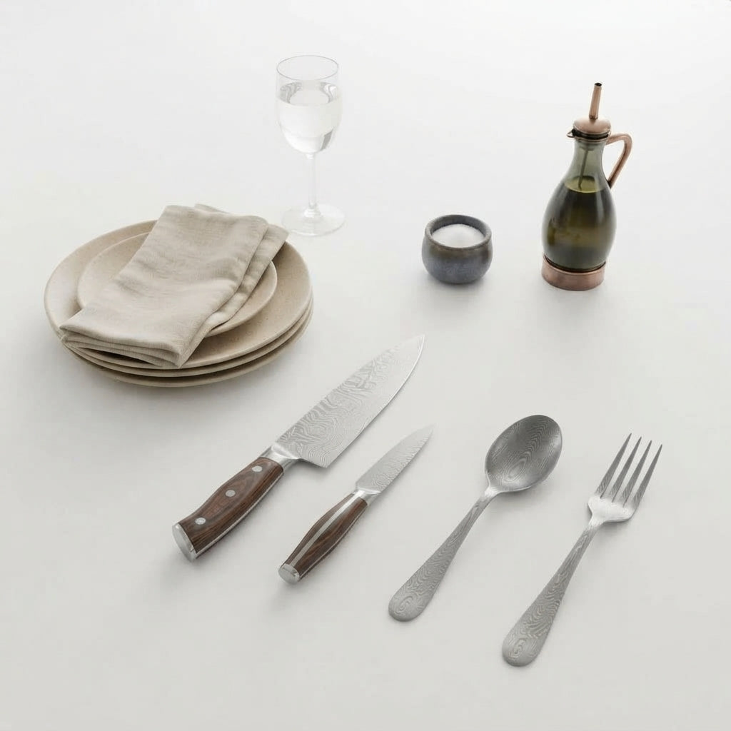 Zave Cutlery Premium Stainless Steel Chef Knife and Dining Flatware Set with Ergonomic Wooden Handles
