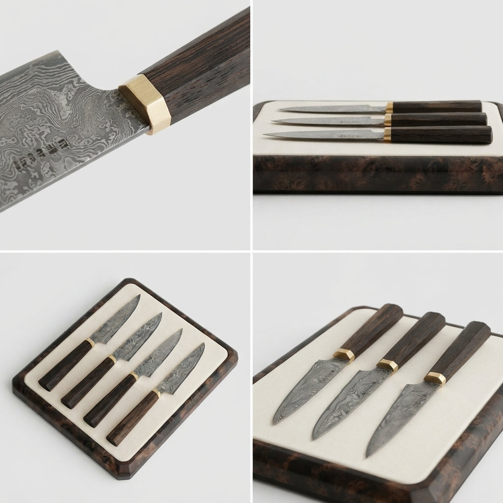 Zave Cutlery Handcrafted Damascus Steel Steak & Utility Knife Set with Wooden Presentation Block