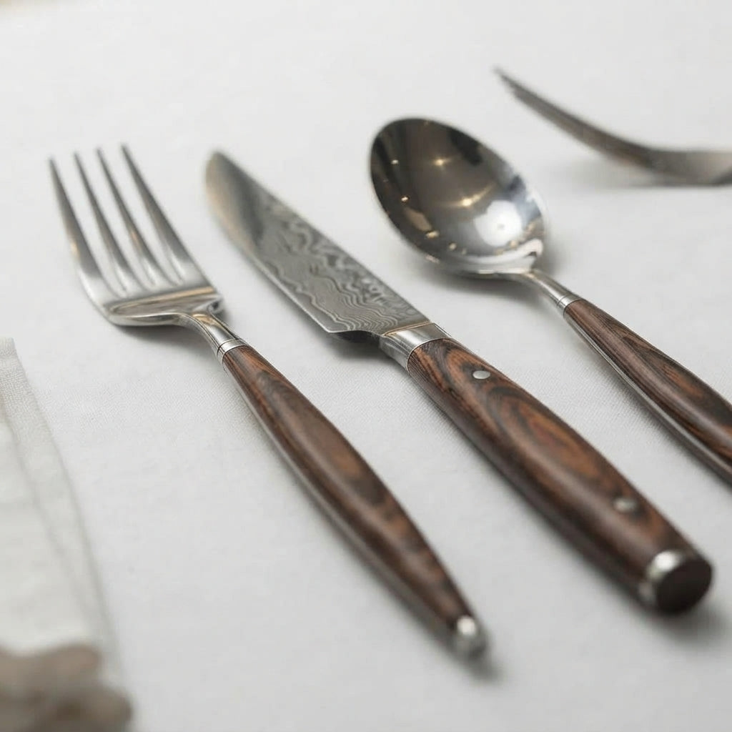Zave Cutlery Premium Stainless Steel Flatware Set – Elegant Dining Knife, Fork, and Spoon with Wood-Finish Handles