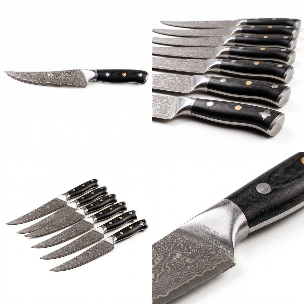 Zave Cutlery Professional Damascus-Style Pattern Kitchen Steak Knife Set - Ergonomic Wooden Handle Utility Knives