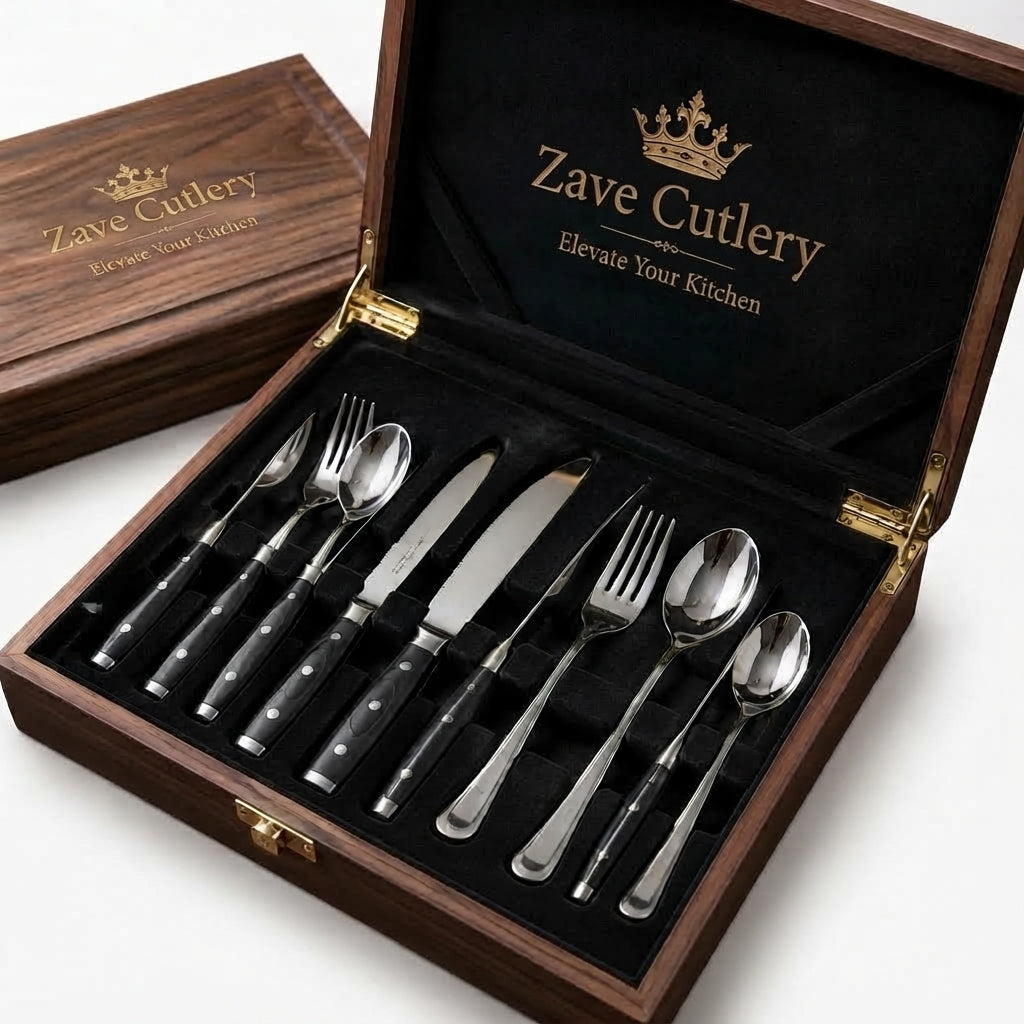 Zave Cutlery Premium Stainless Steel Flatware Set with Wooden Storage Box