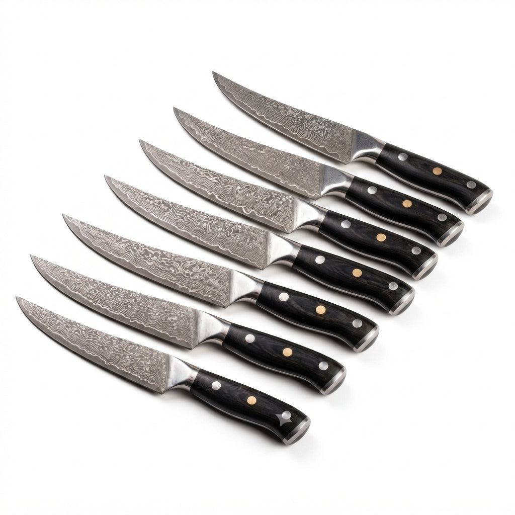 Zave Cutlery Professional Damascus-Style Pattern Kitchen Steak Knife Set - Ergonomic Wooden Handle Utility Knives