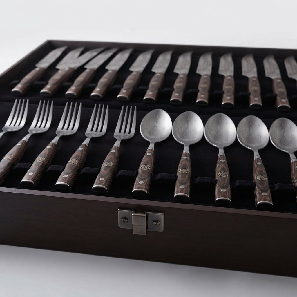 Zave Cutlery Premium Stainless Steel Dining Flatware Set with Ergonomic Wooden-Finish Handles and Storage Case
