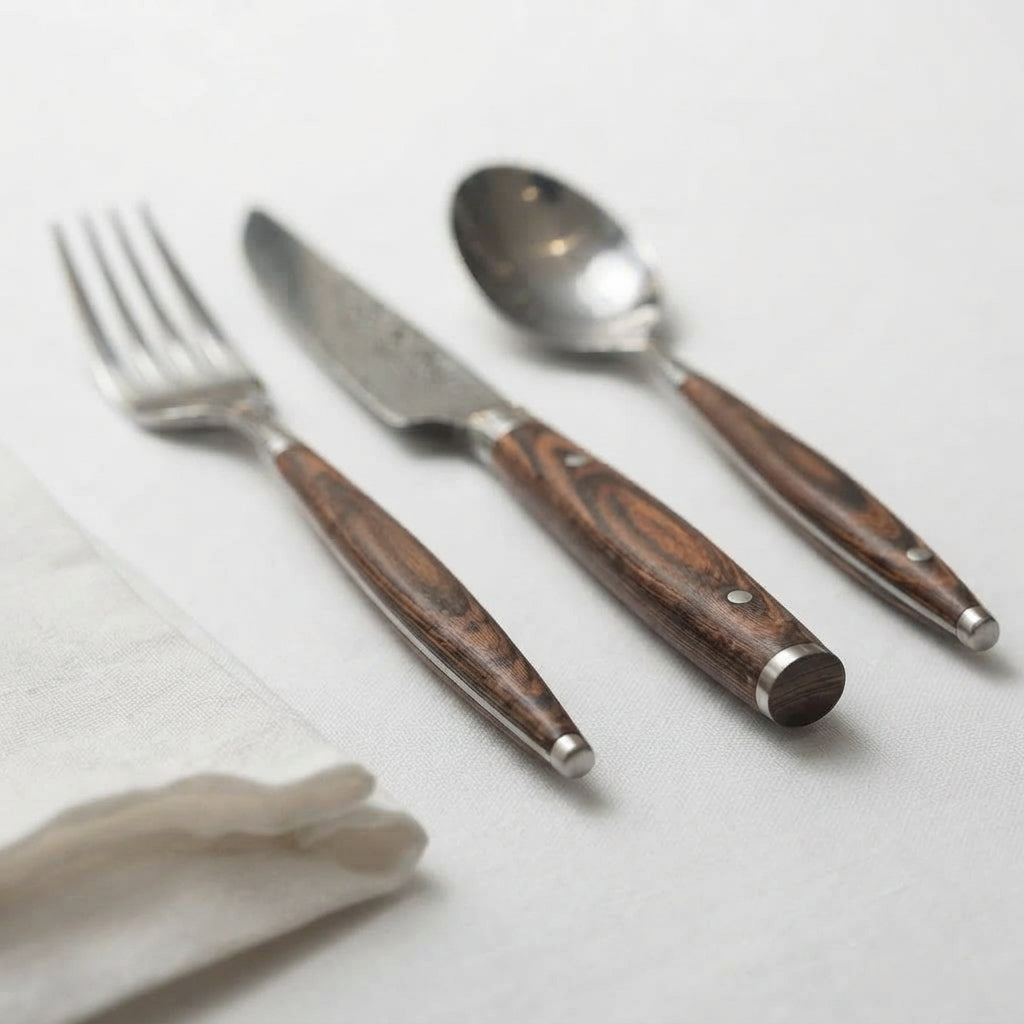 Zave Cutlery Premium Stainless Steel Flatware Set – Elegant Dining Knife, Fork, and Spoon with Wood-Finish Handles