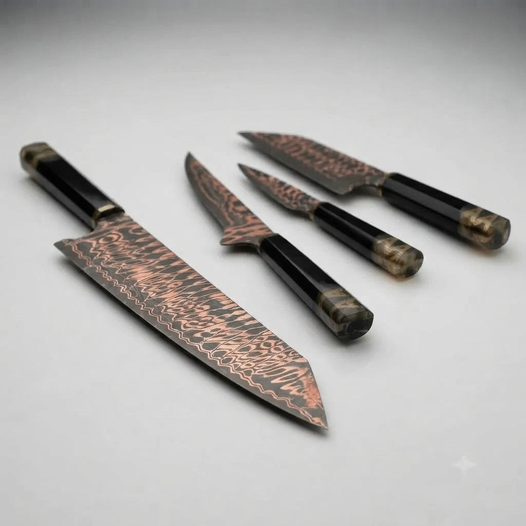 Zave Cutlery 4-Piece Damascus-Style Pattern Kitchen & Chef Knife Set with Ergonomic Handles