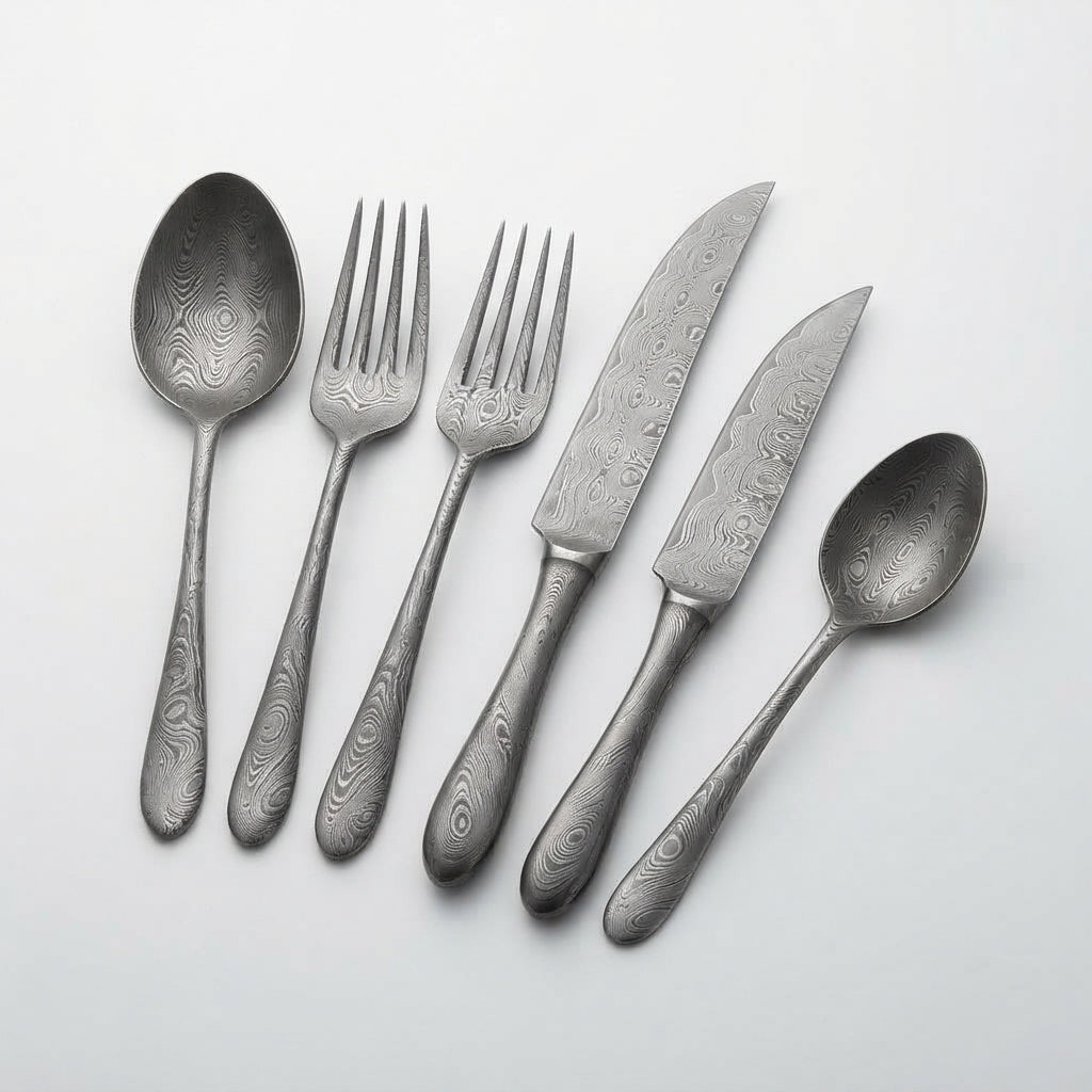 Zave Cutlery Premium Hand-Forged Patterned Steel Dining and Tableware Set
