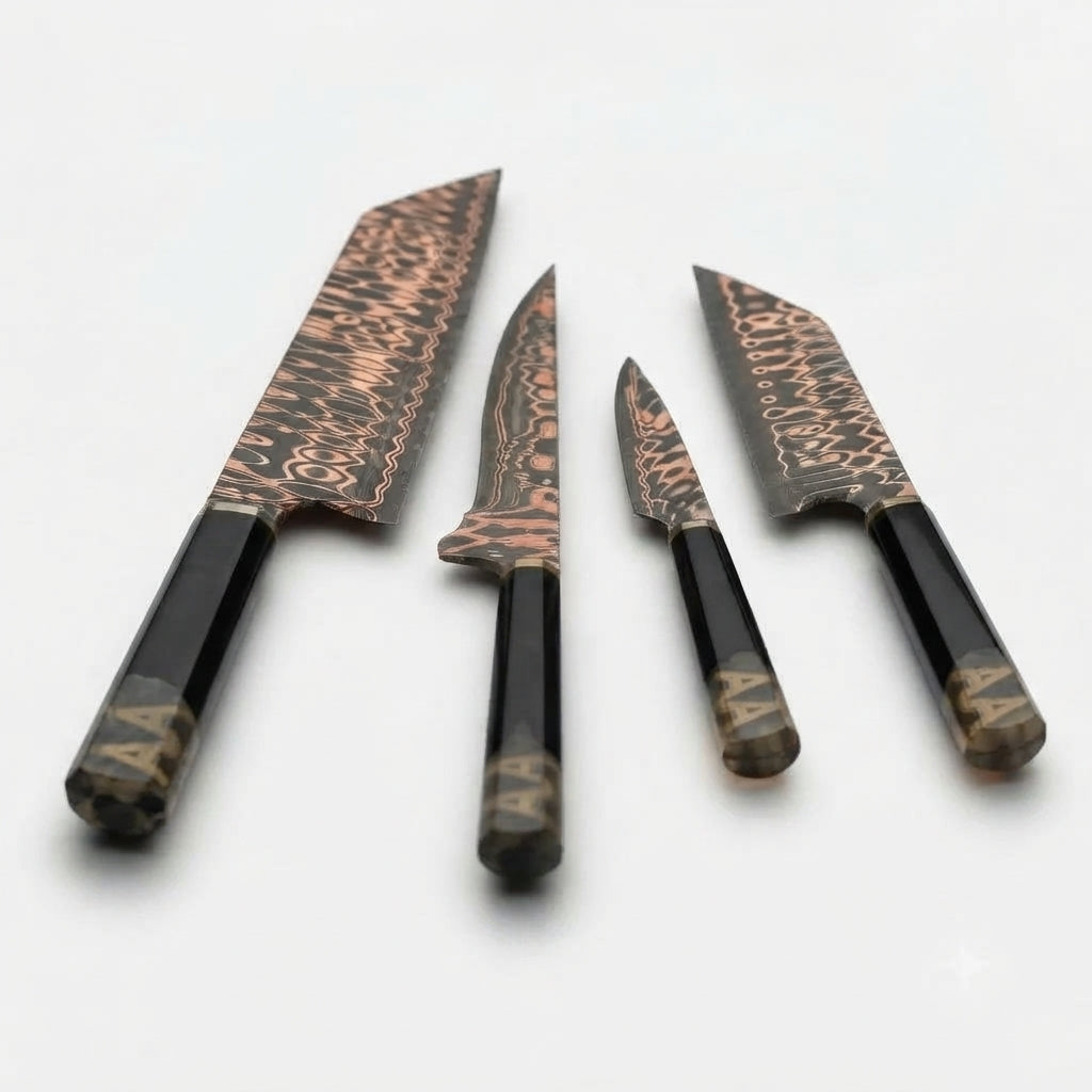 Zave Cutlery 4-Piece Damascus-Style Pattern Kitchen & Chef Knife Set with Ergonomic Handles
