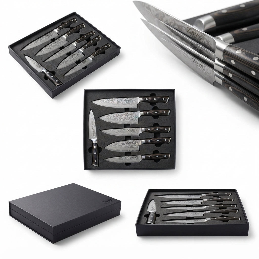 Zave Cutlery Premium 6-Piece Stainless Steel Kitchen Knife Set with Ergonomic Wooden Handles & Storage Box