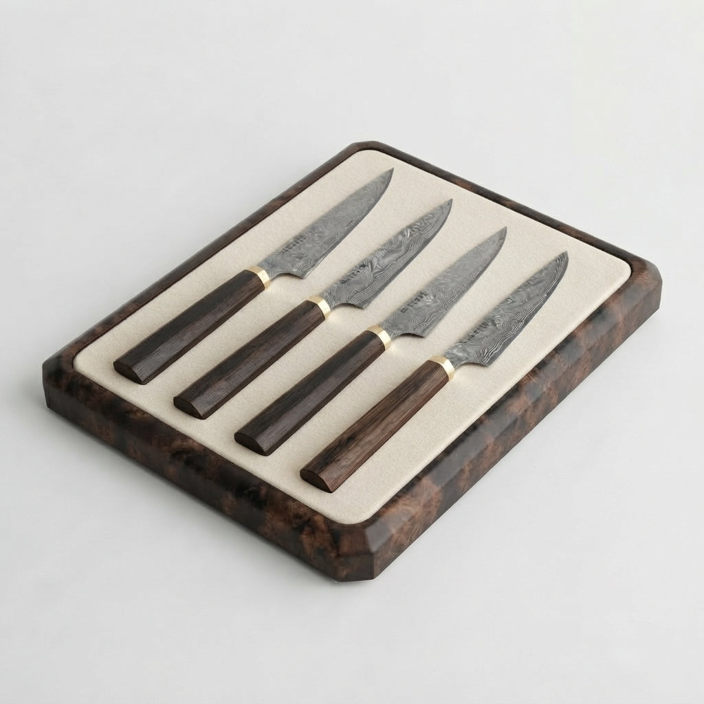 Zave Cutlery Handcrafted Damascus Steel Steak & Utility Knife Set with Wooden Presentation Block