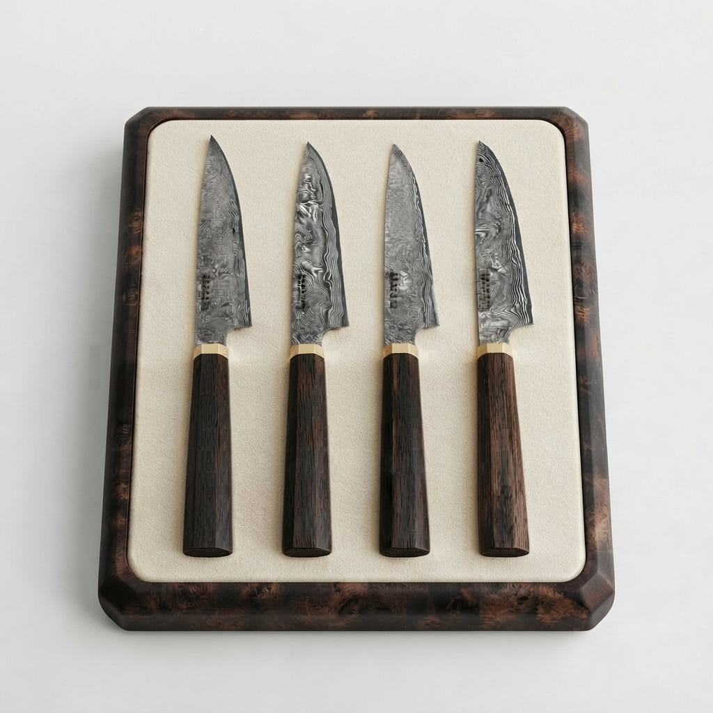 Zave Cutlery Handcrafted Damascus Steel Steak & Utility Knife Set with Wooden Presentation Block