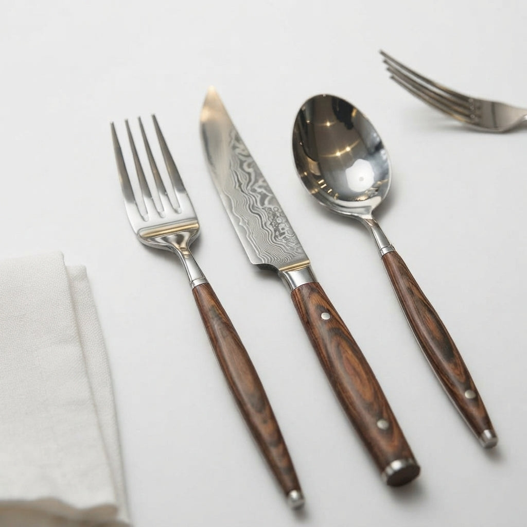 Zave Cutlery Premium Stainless Steel Flatware Set – Elegant Dining Knife, Fork, and Spoon with Wood-Finish Handles