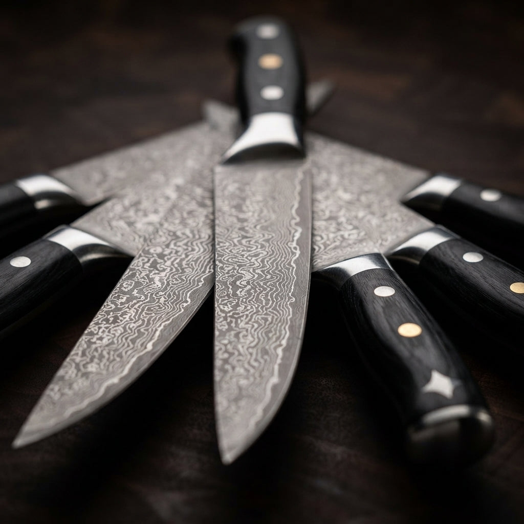 Zave Cutlery Professional Damascus-Style Pattern Kitchen Steak Knife Set - Ergonomic Wooden Handle Utility Knives