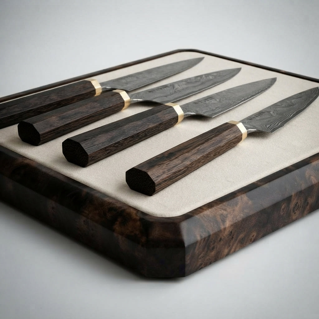 Zave Cutlery Handcrafted Damascus Steel Steak & Utility Knife Set with Wooden Presentation Block