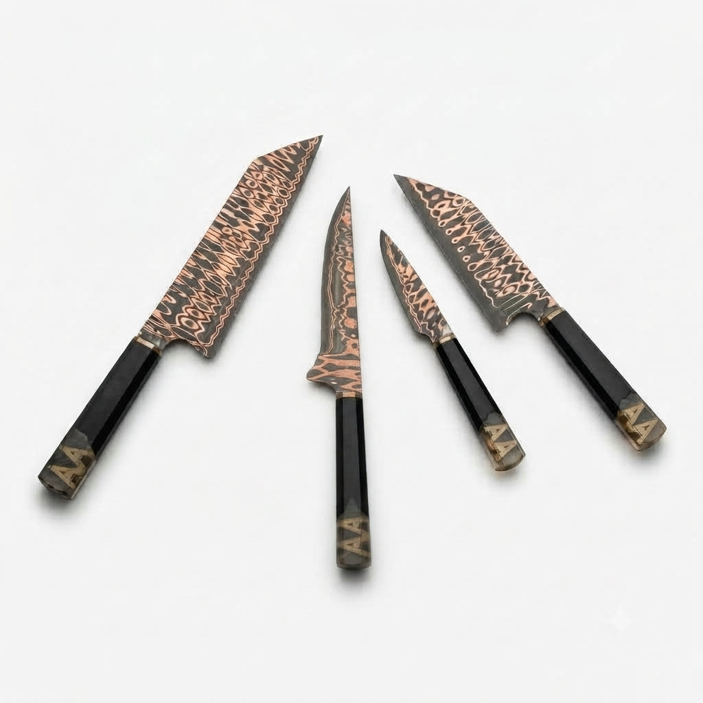 Zave Cutlery 4-Piece Damascus-Style Pattern Kitchen & Chef Knife Set with Ergonomic Handles