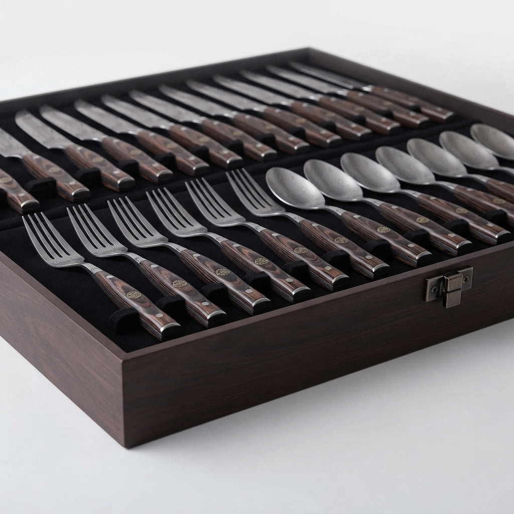 Zave Cutlery Premium Stainless Steel Dining Flatware Set with Ergonomic Wooden-Finish Handles and Storage Case