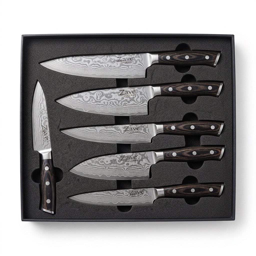 Zave Cutlery Premium 6-Piece Stainless Steel Kitchen Knife Set with Ergonomic Wooden Handles & Storage Box