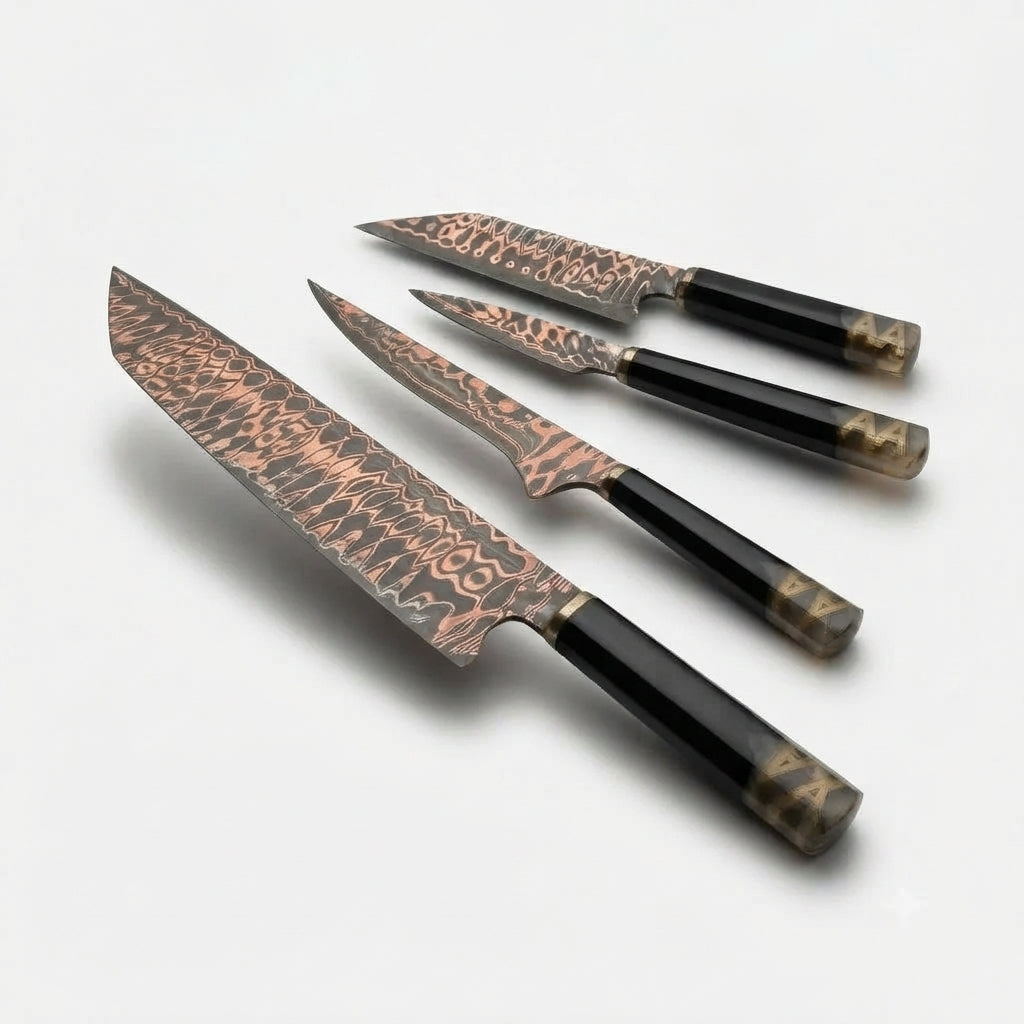 Zave Cutlery 4-Piece Damascus-Style Pattern Kitchen & Chef Knife Set with Ergonomic Handles