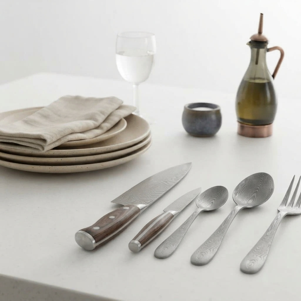 Zave Cutlery Premium Stainless Steel Chef Knife and Dining Flatware Set with Ergonomic Wooden Handles