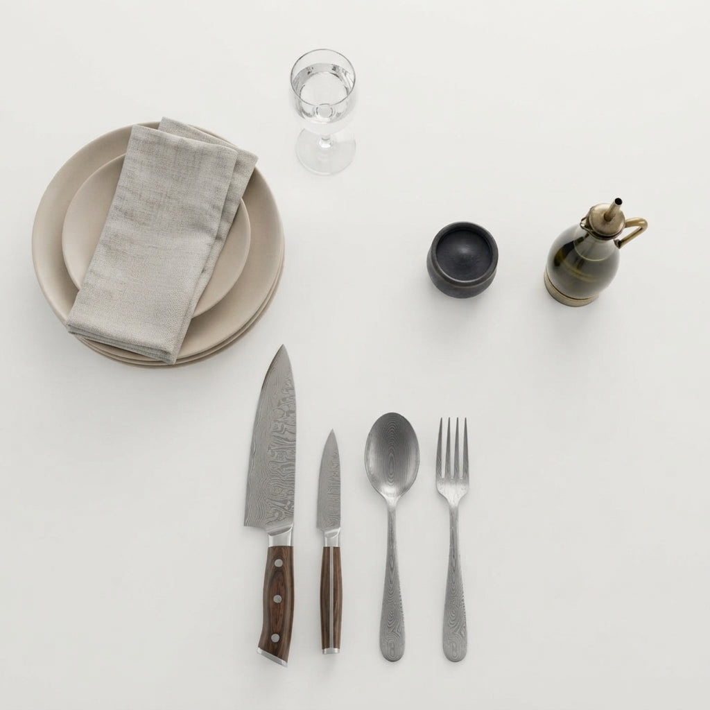 Zave Cutlery Premium Stainless Steel Chef Knife and Dining Flatware Set with Ergonomic Wooden Handles