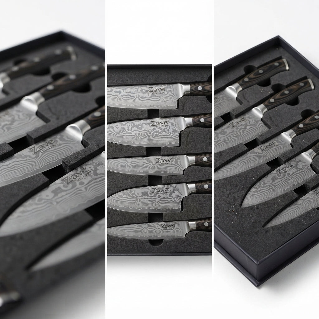 Zave Cutlery Premium 6-Piece Stainless Steel Kitchen Knife Set with Ergonomic Wooden Handles & Storage Box