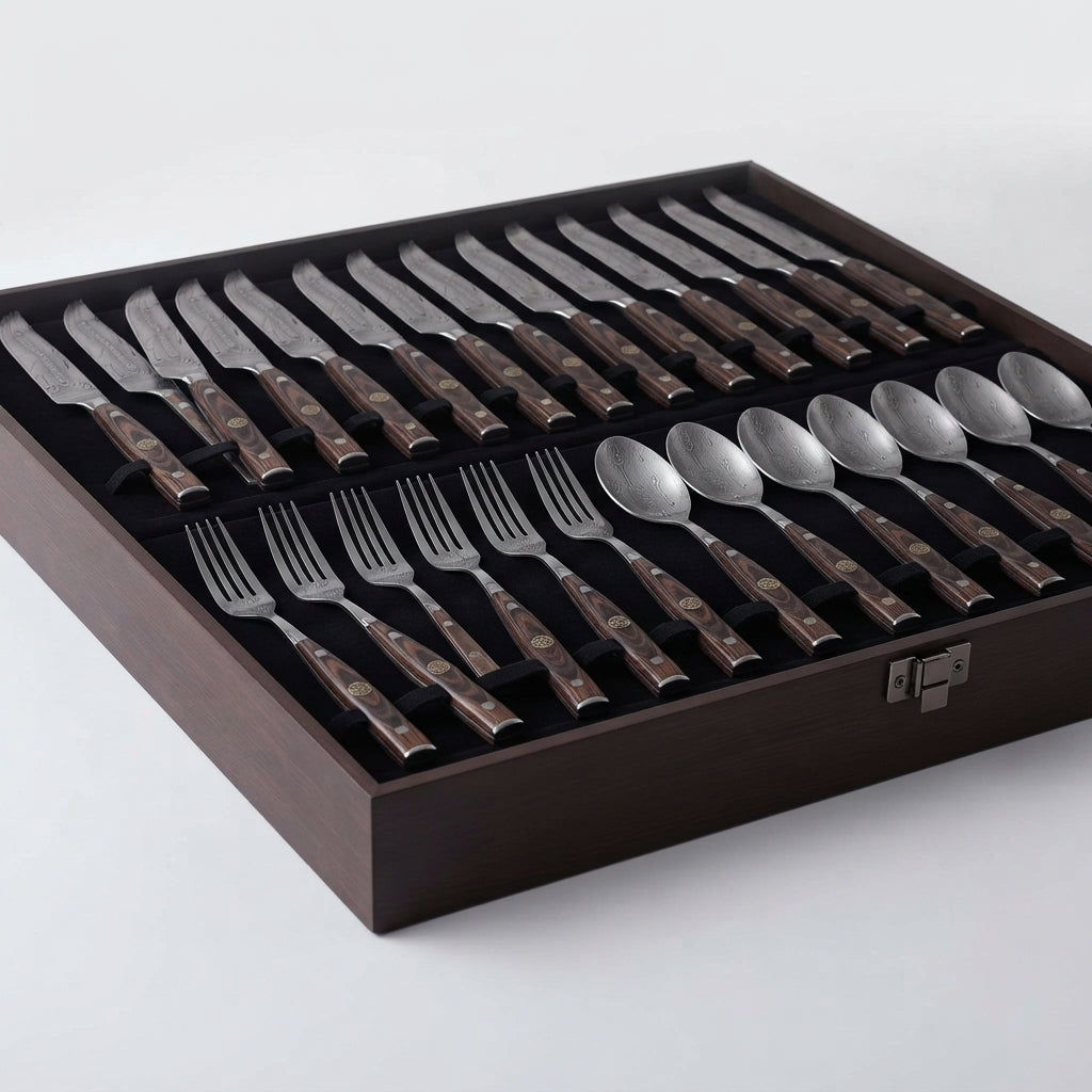 Zave Cutlery Premium Stainless Steel Dining Flatware Set with Ergonomic Wooden-Finish Handles and Storage Case