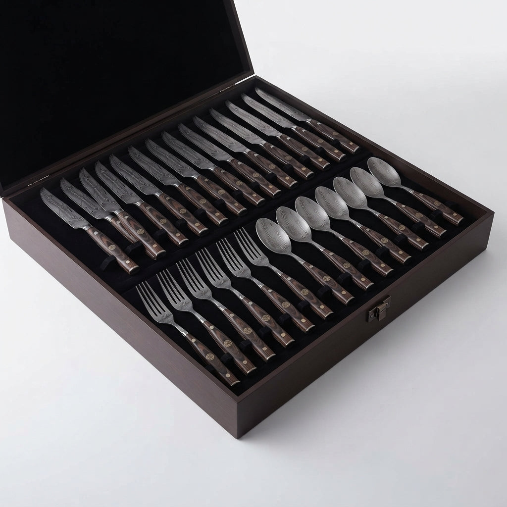 Zave Cutlery Premium Stainless Steel Dining Flatware Set with Ergonomic Wooden-Finish Handles and Storage Case