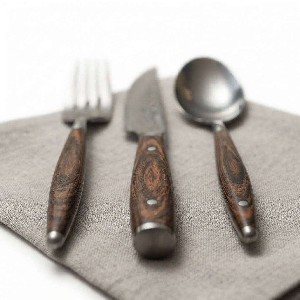 Zave Cutlery Premium Stainless Steel Flatware Set – Elegant Dining Knife, Fork, and Spoon with Wood-Finish Handles