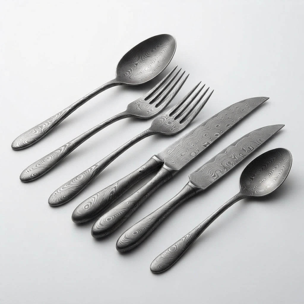 Zave Cutlery Premium Hand-Forged Patterned Steel Dining and Tableware Set